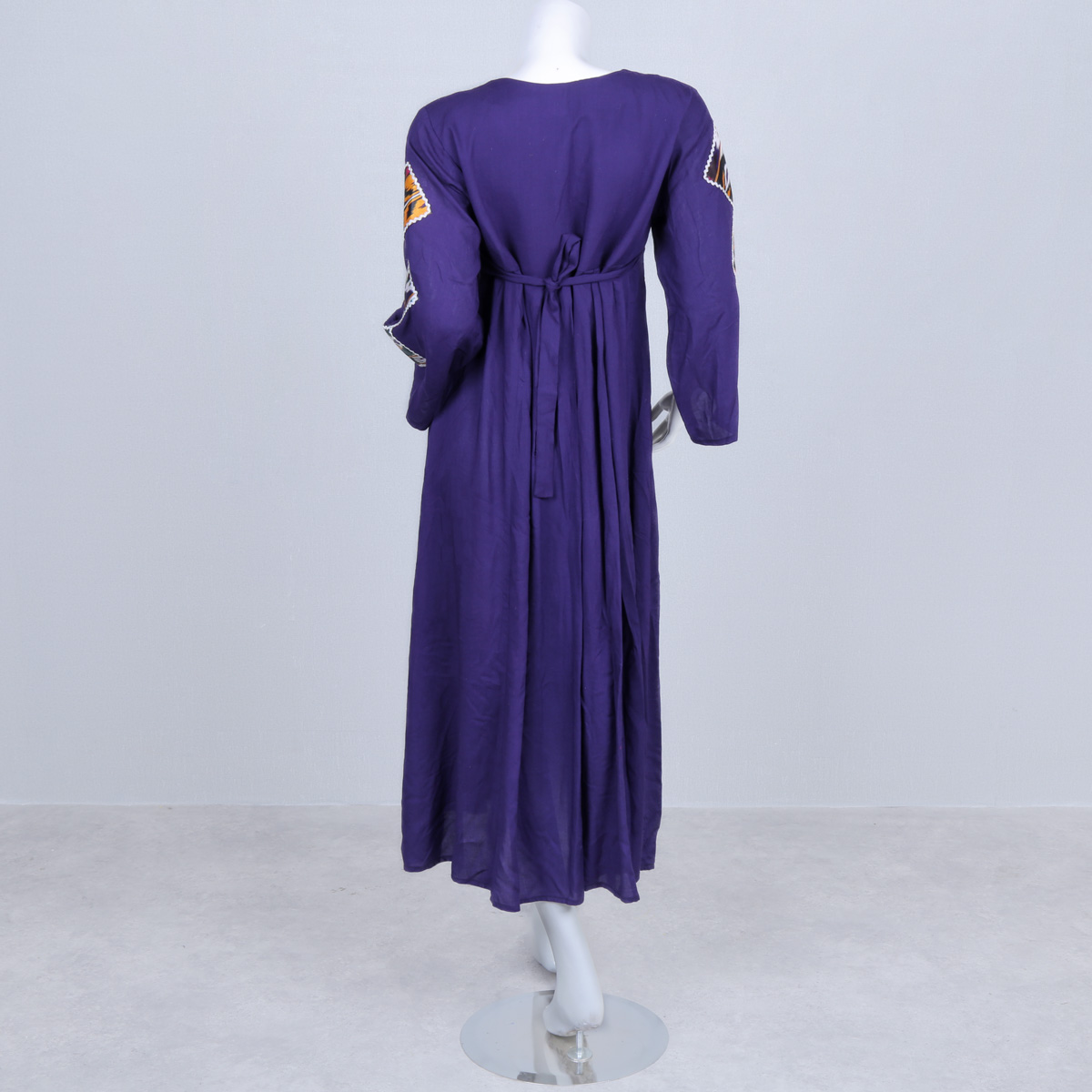 Purple Cross-Stitched Cotton Long Dress | Coin Belted Casual Wear Dress