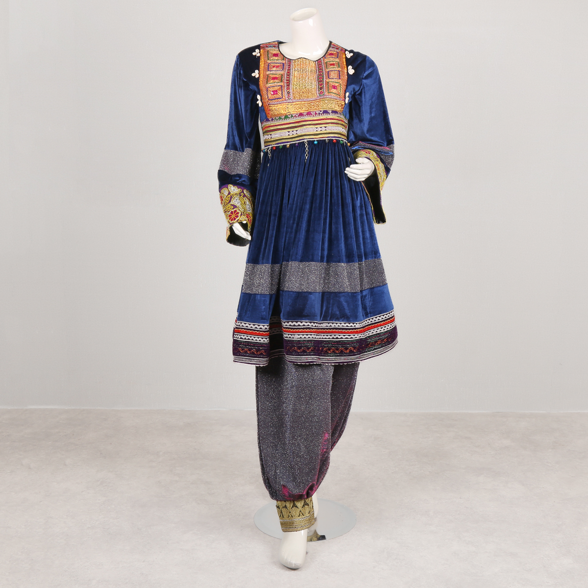Velvet Bead Embroidered Afghan Frock Dress | Navy Blue Gande Afghani
