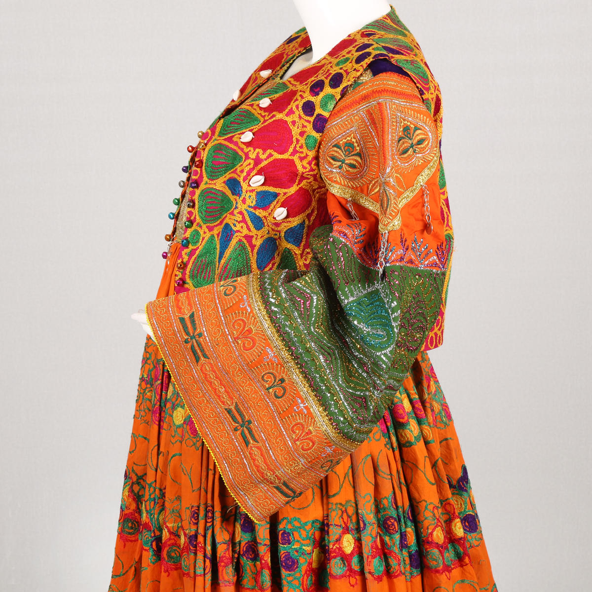 Balloon Sleeve Pleated Afghan Dress | Orange Floral Embroidered Frock