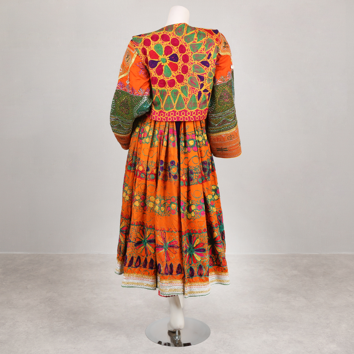 Balloon Sleeve Pleated Afghan Dress | Orange Floral Embroidered Frock