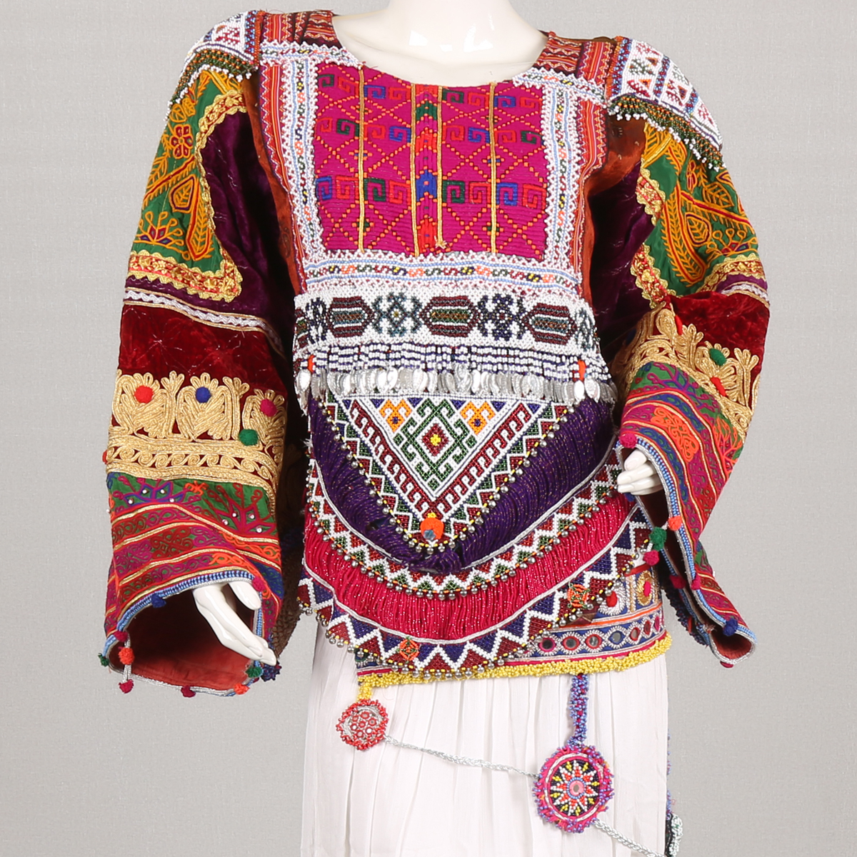 Heavy Embroidered Afghan Bridal Cloth | Balloon Sleeve White Traditional Wear Afghani Gown