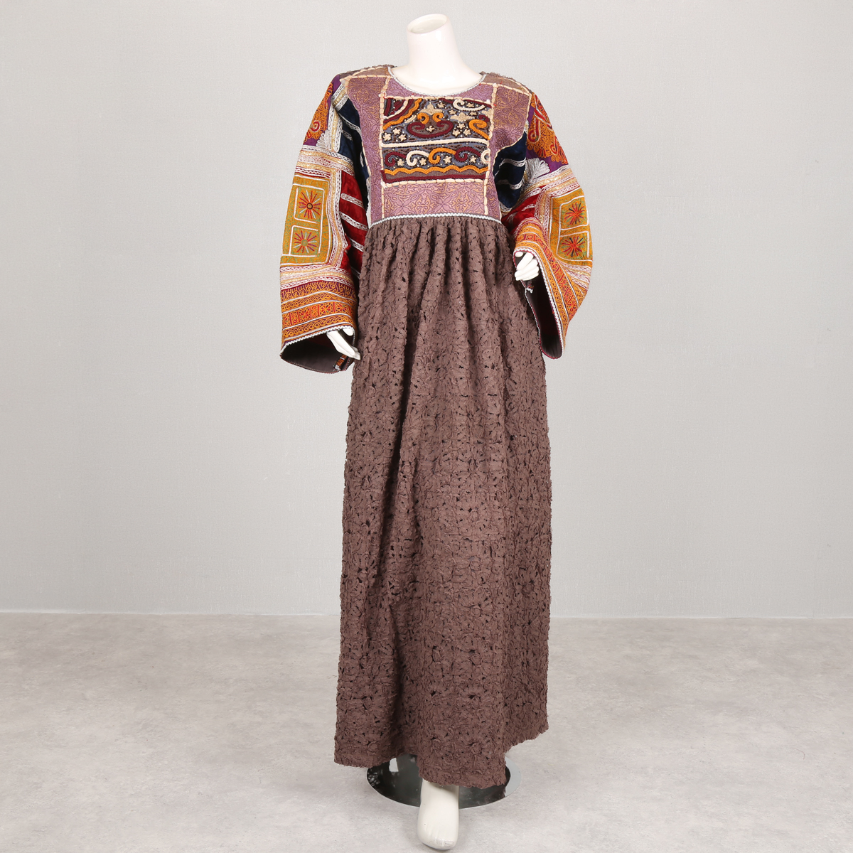 Brown Pleated Long Maxi | Bead Embroidered Balloon Sleeve Maxi