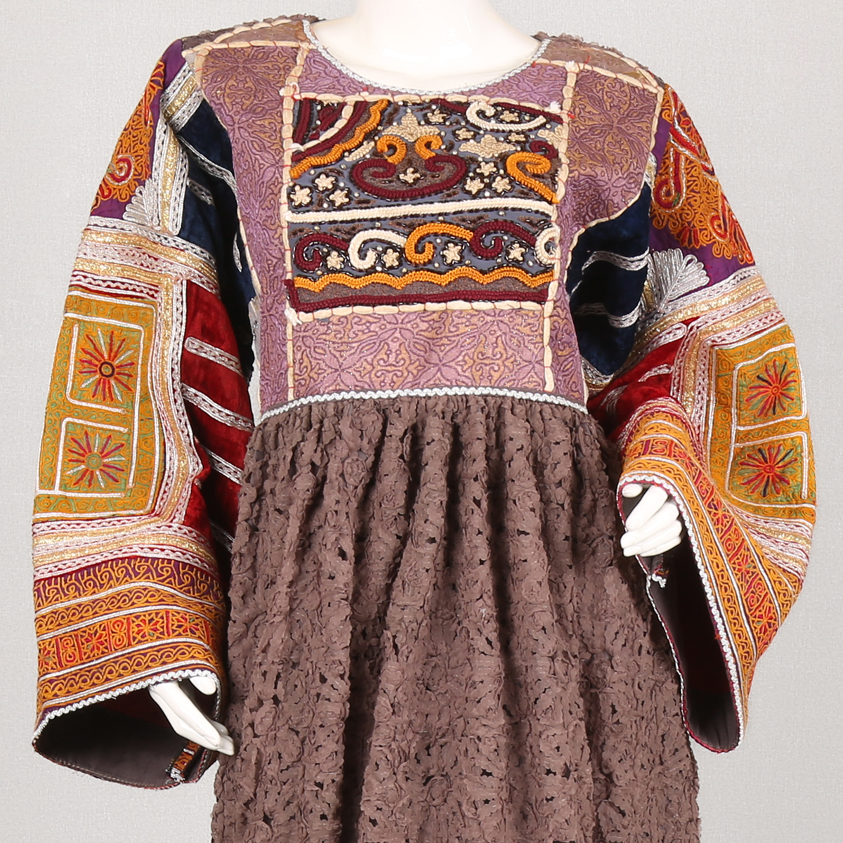 Brown Pleated Long Maxi | Bead Embroidered Balloon Sleeve Maxi