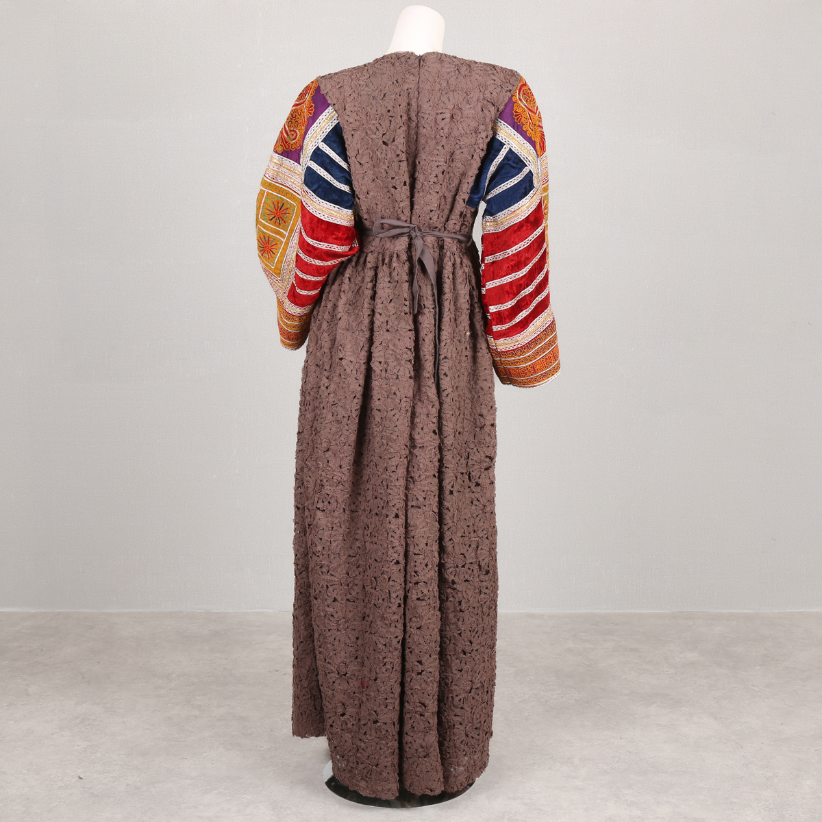Brown Pleated Long Maxi | Bead Embroidered Balloon Sleeve Maxi