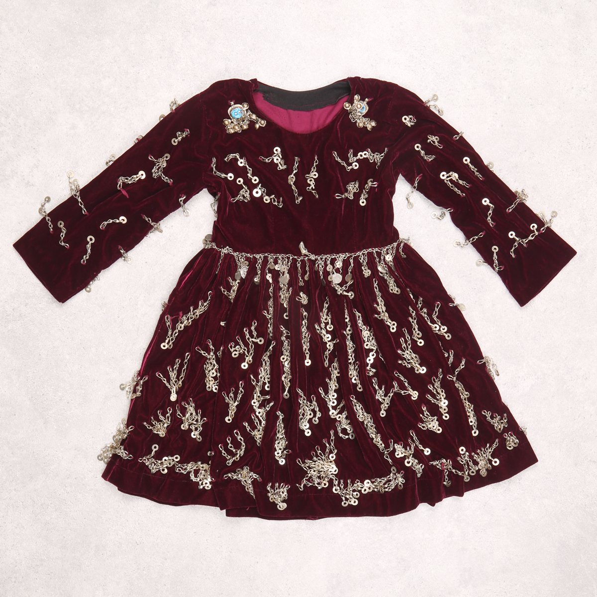 Maroon Baby Girl Party Wear Frock | Velvet Coin Embroidered Kid's Party Dress