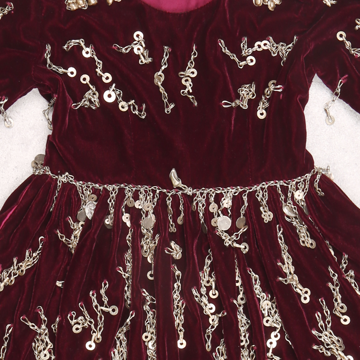 Maroon Baby Girl Party Wear Frock | Velvet Coin Embroidered Kid's Party Dress