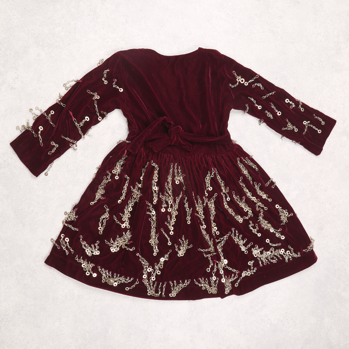 Maroon Baby Girl Party Wear Frock | Velvet Coin Embroidered Kid's Party Dress