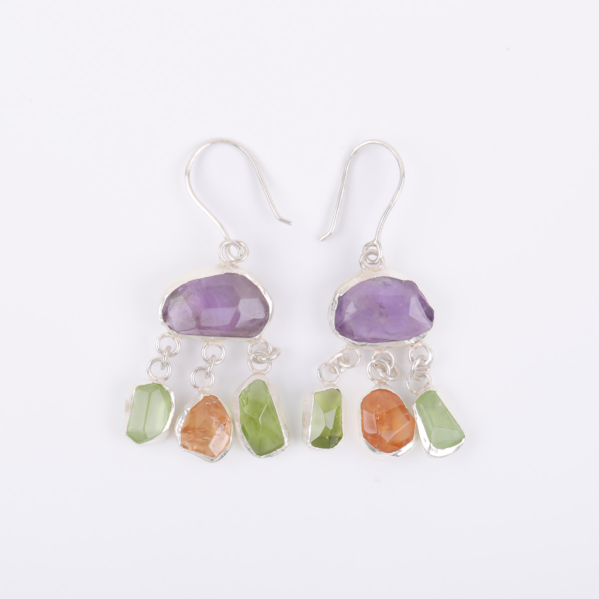 Multi Stone Hook Earrings | Silver Cluster Drop Earrings
