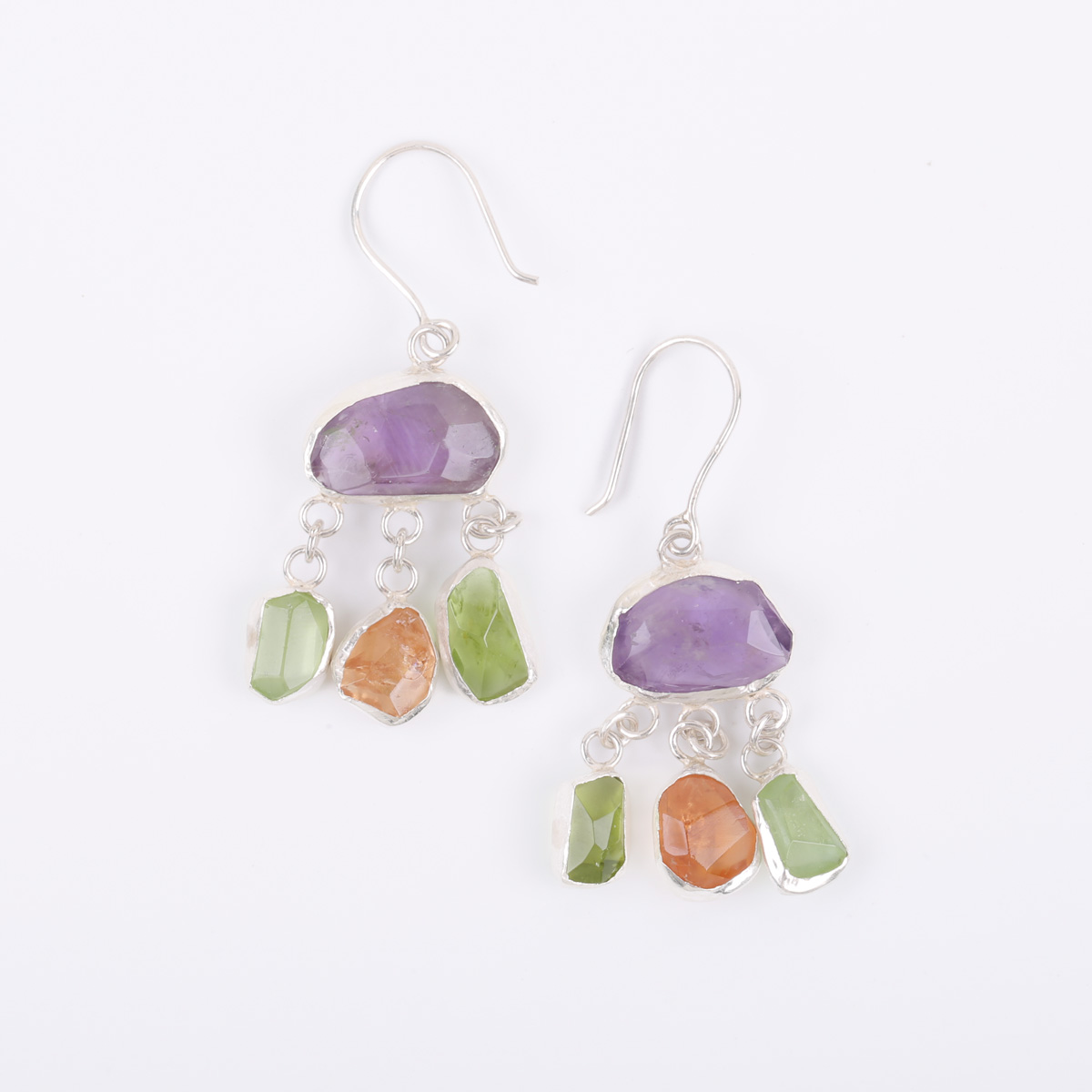 Multi Stone Hook Earrings | Silver Cluster Drop Earrings
