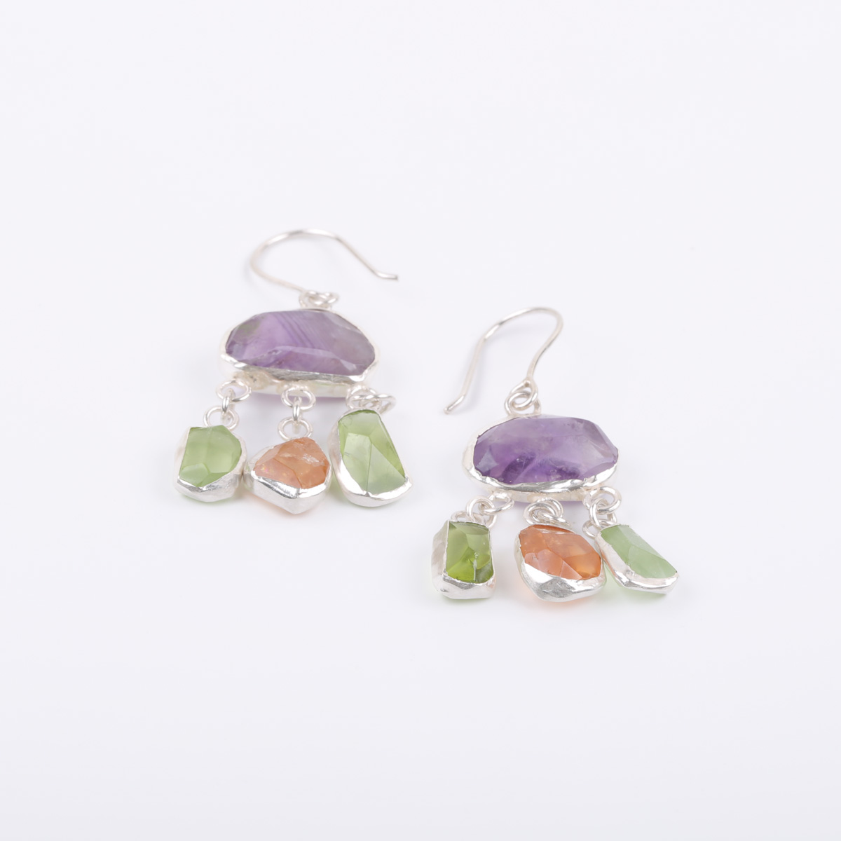 Multi Stone Hook Earrings | Silver Cluster Drop Earrings