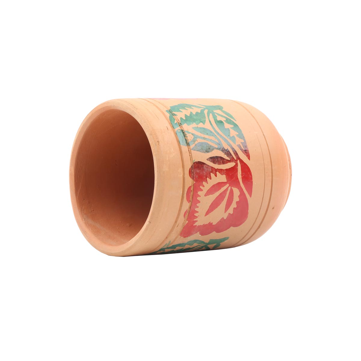 Brown Ceramic Clay Glass | Red & Green Petal Engraved Glass