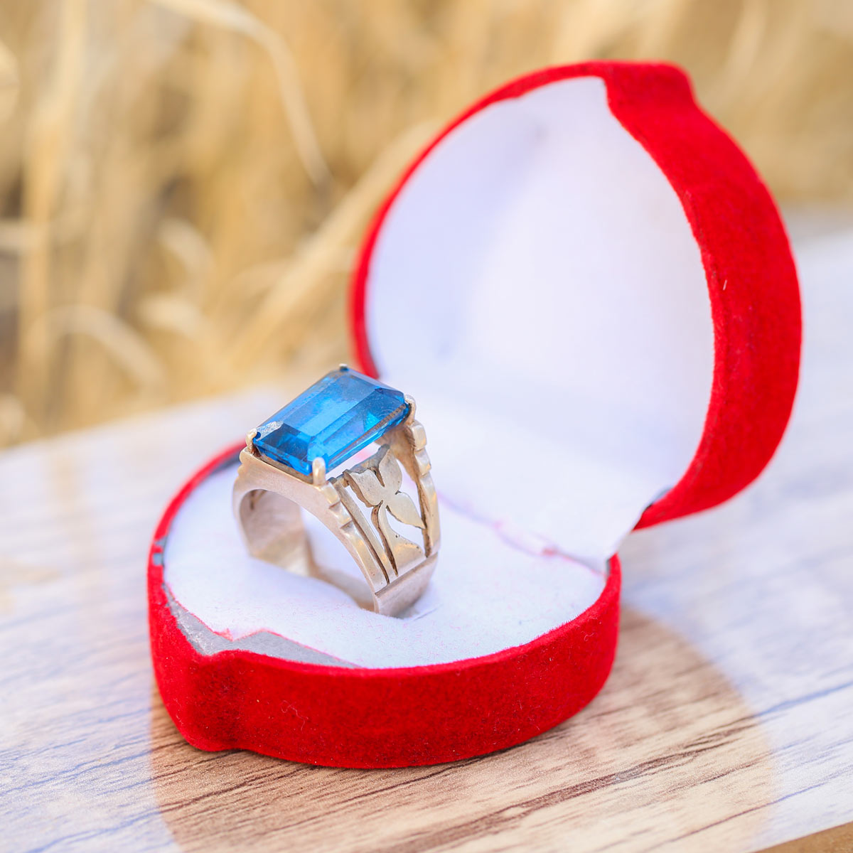 Blue Floral Engraved Ring | Silver Square Ring