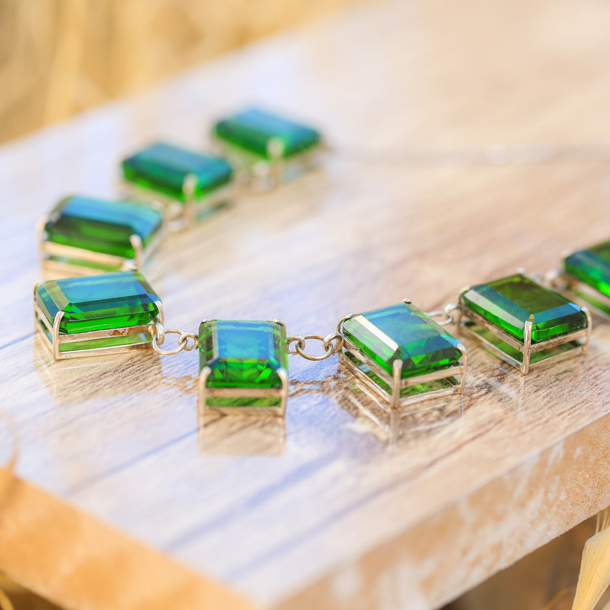 Silver Green Stone Jewelry Set | Station Necklace, Bracelet, Ring, Earrings