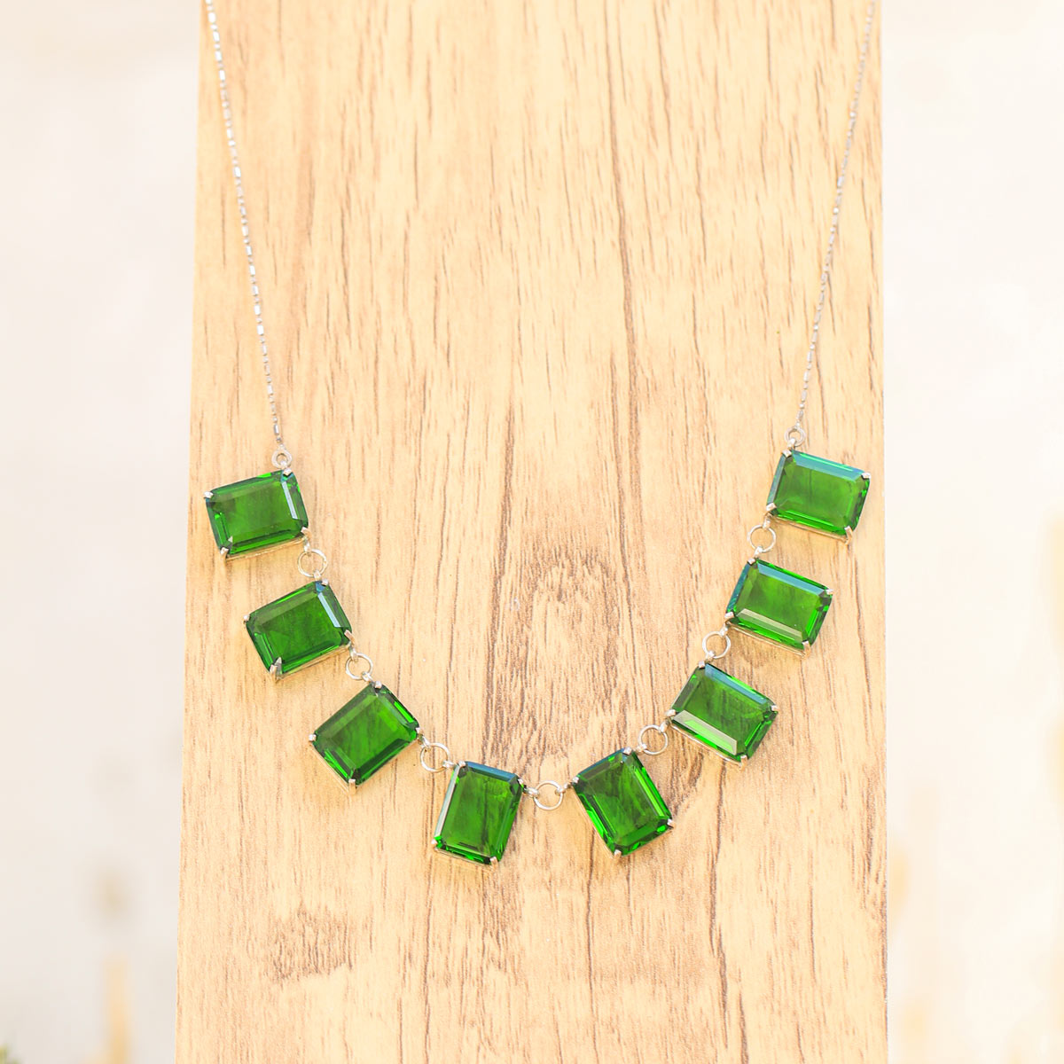 Silver Green Stone Jewelry Set | Station Necklace, Bracelet, Ring, Earrings