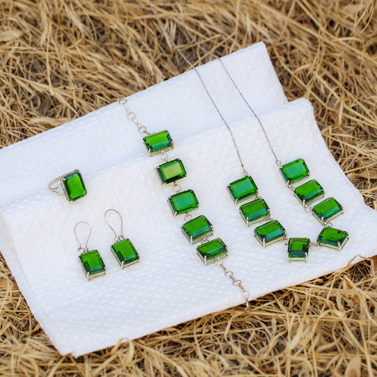 Silver Green Stone Jewelry Set | Station Necklace, Bracelet, Ring, Earrings