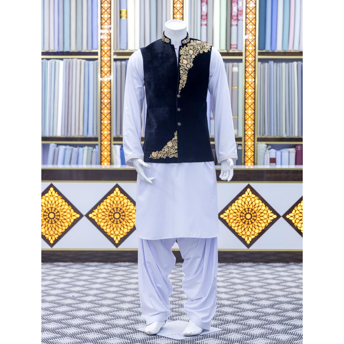 Navy Blue Arabic Men's Waistcoat with White Outfit | Velvet Vest with Grace Ensemble. Full Pehran Tunban Set