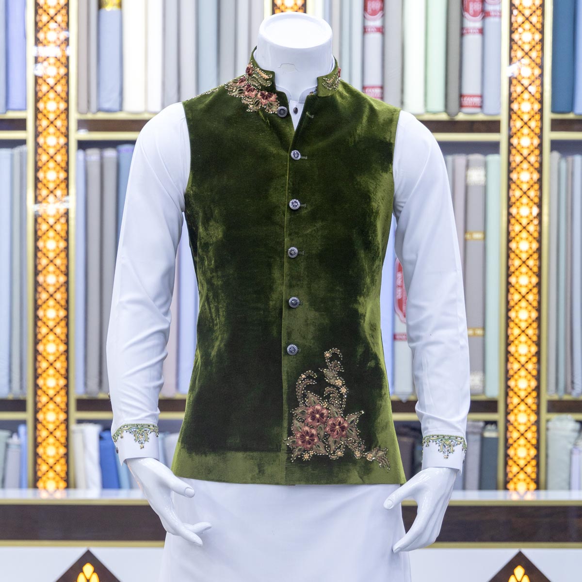 White Indian Embroidered Men's Kurta with Green Waistcoat | Velvet Waistcoat with Grace Attire