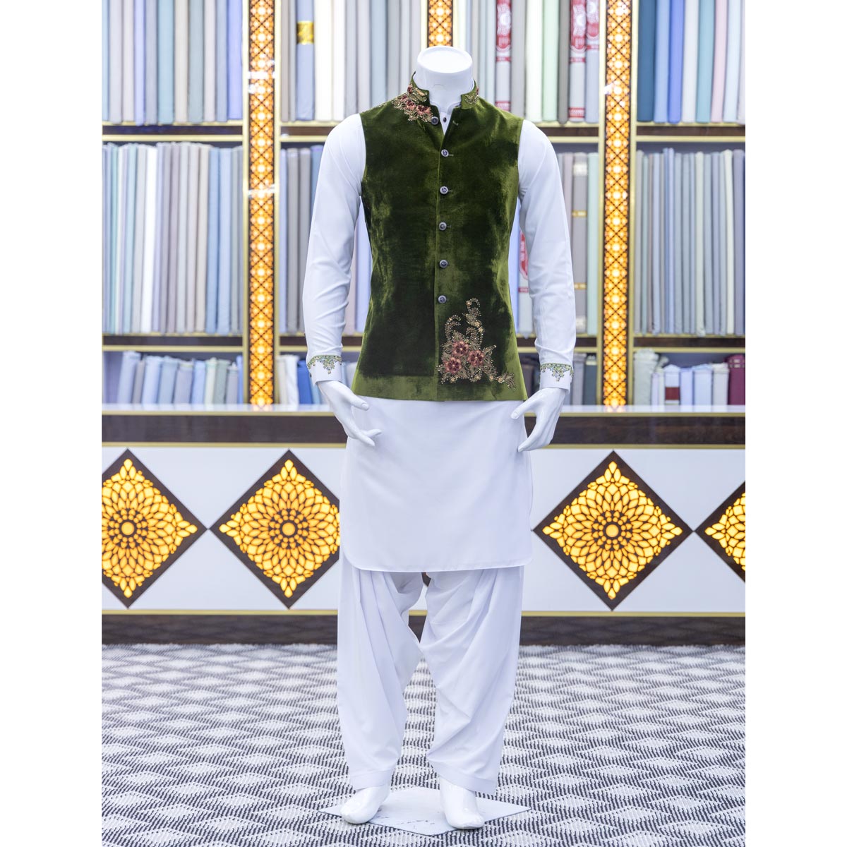 White Indian Embroidered Men's Kurta with Green Waistcoat | Velvet Waistcoat with Grace Attire