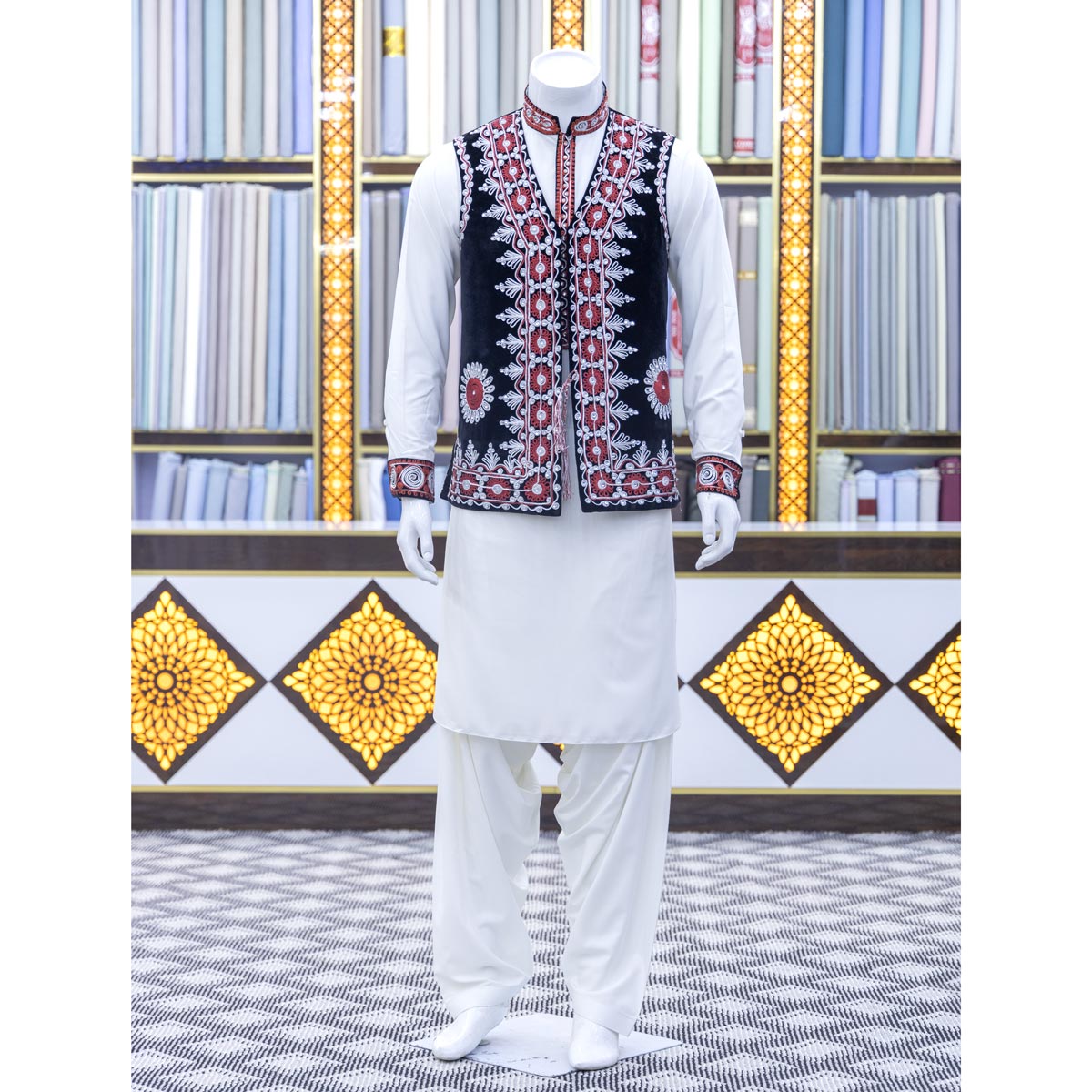 Black Afghani Men's Waistcoat with White Outfit