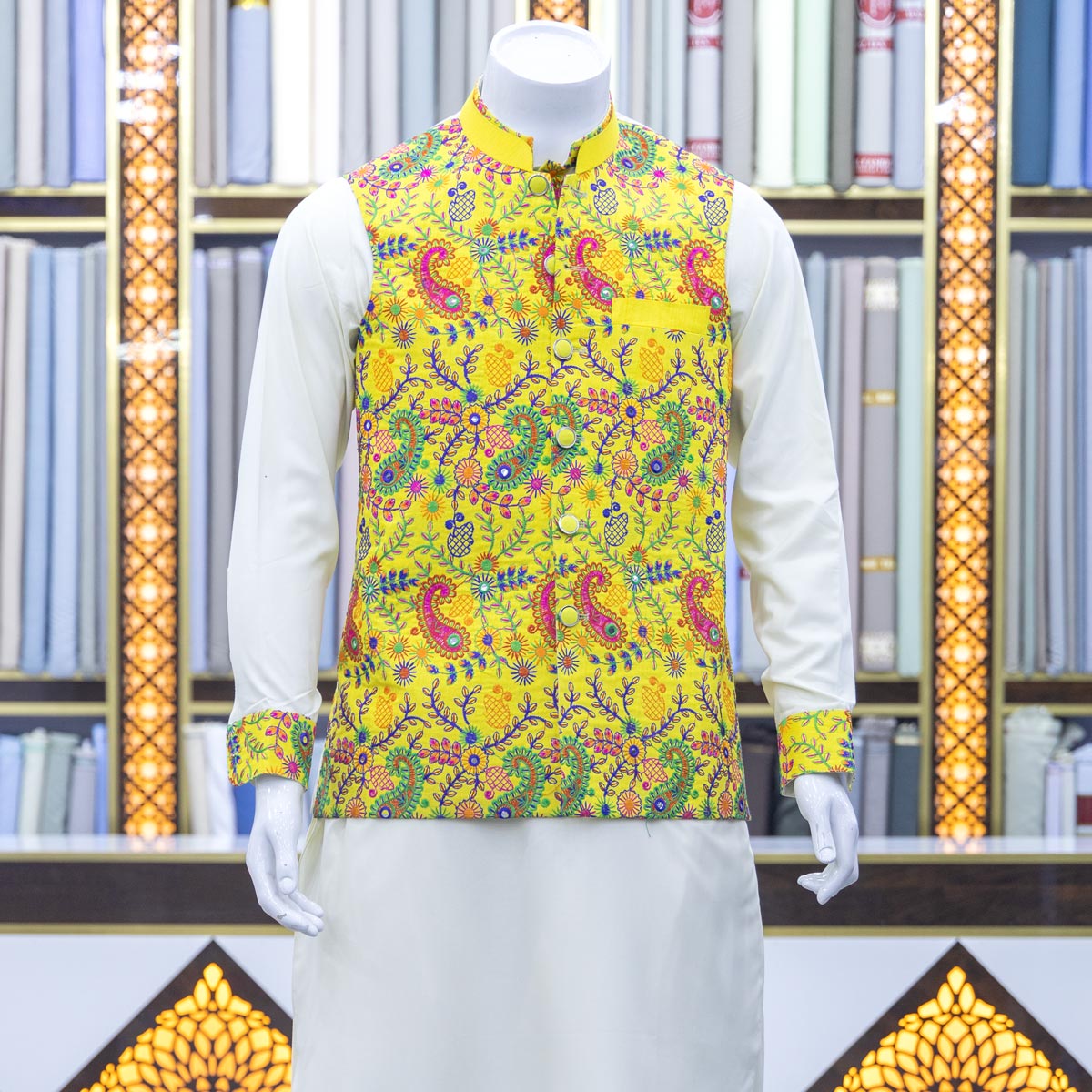 Yellow Banarasi Full Floral Embroidered Men's Waistcoat with White Grace Outfit