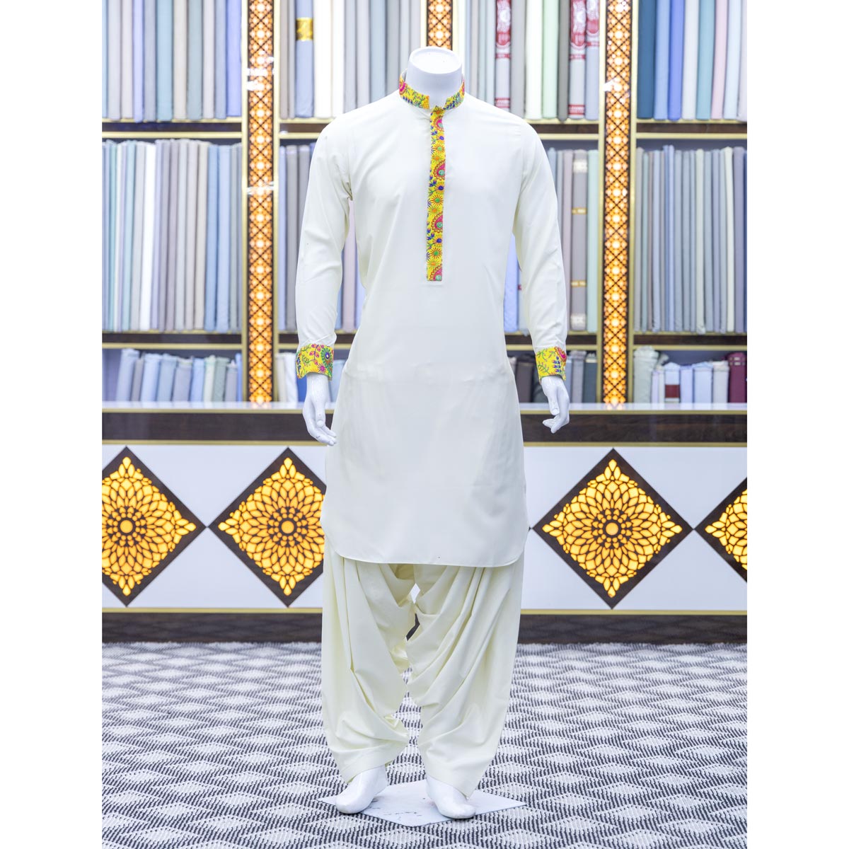 Yellow Banarasi Full Floral Embroidered Men's Waistcoat with White Grace Outfit