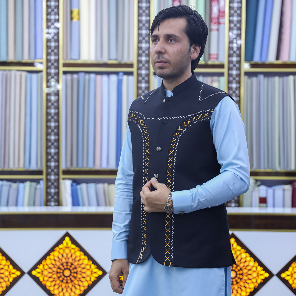 Black Indian Embroidered Men's Waistcoat | Collared Classic Men's Vest