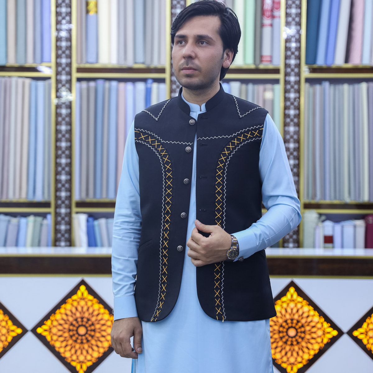 Black Indian Embroidered Men's Waistcoat | Collared Classic Men's Vest