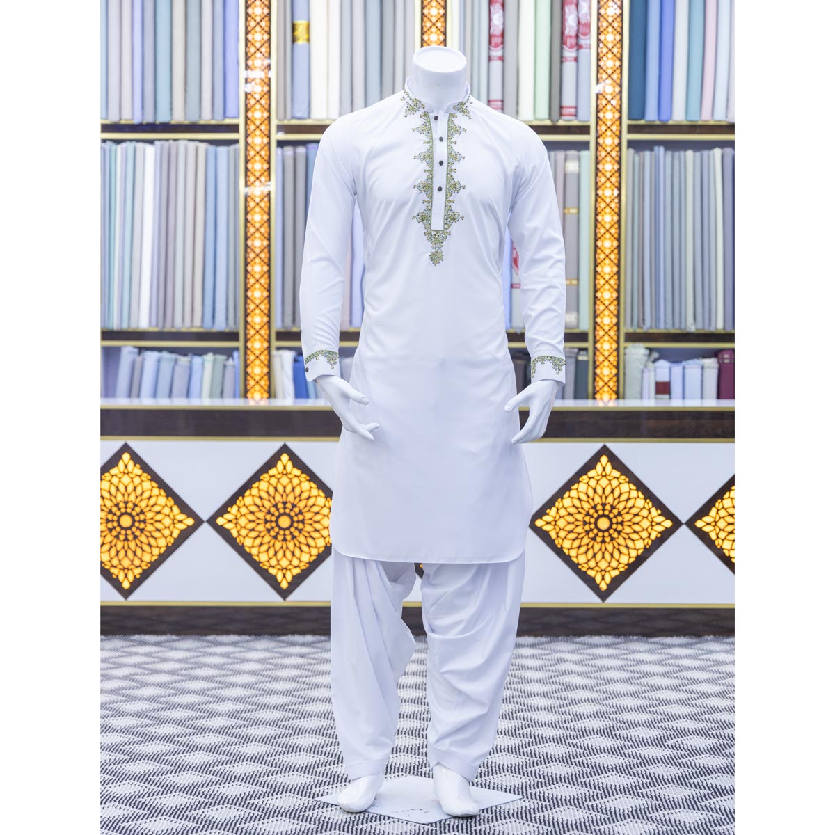 White Indian Embroidered Men's Kurta with Green Waistcoat | Velvet Waistcoat with Grace Attire
