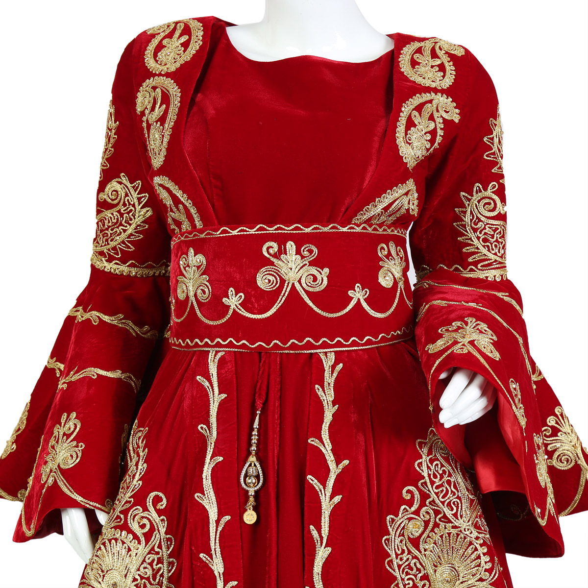 Red Velvet Cherma Embroidered Frock | Bell Sleeve Bridal Gown