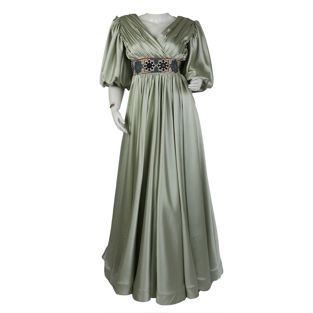 Pistachio V-Neck Pleated Maxi | Puff Sleeve Comfort Belt Maxi