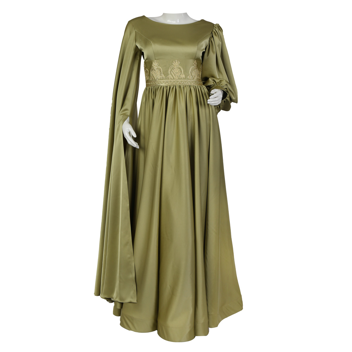 Sage Green Slit Sleeve Pleated Maxi | Silk Satin Embroidered Dress