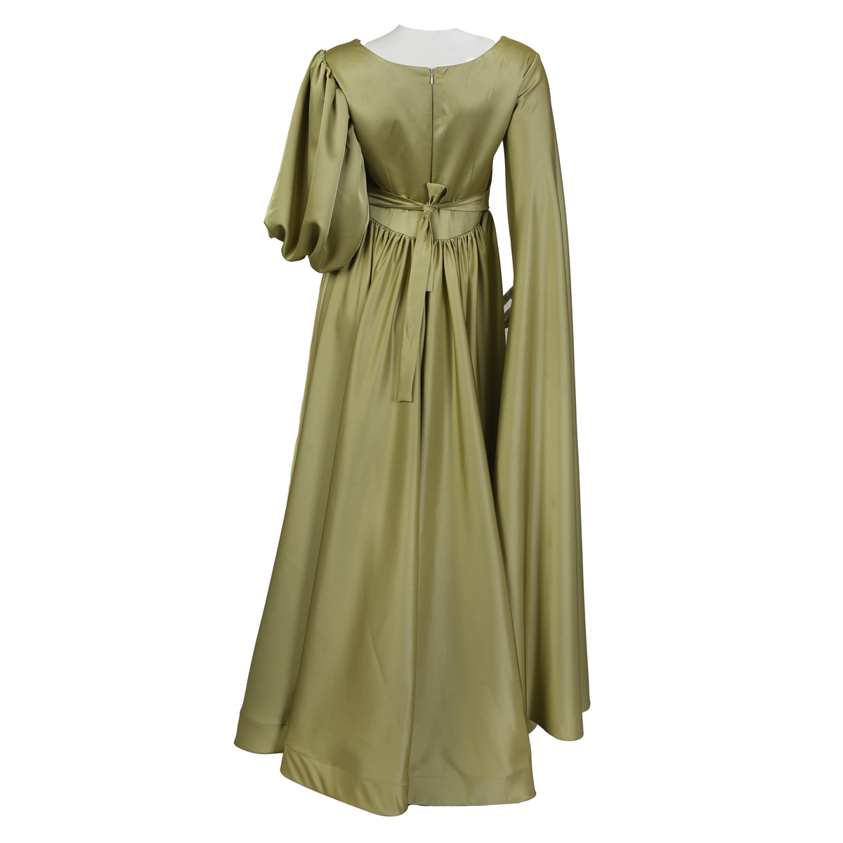 Sage Green Slit Sleeve Pleated Maxi | Silk Satin Embroidered Dress