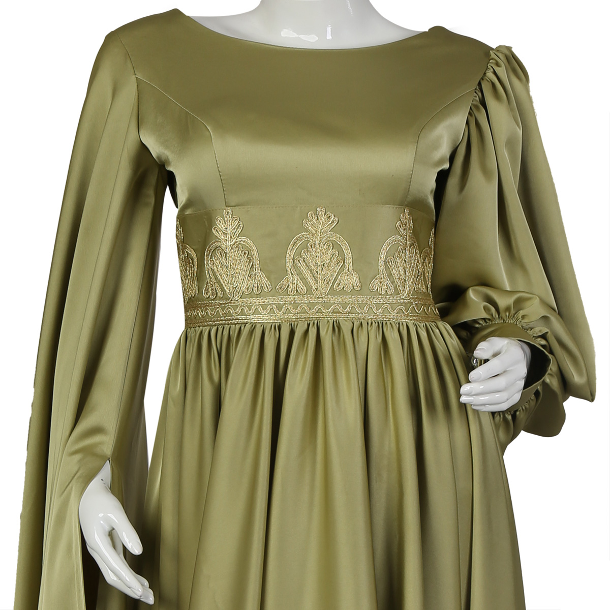 Sage Green Slit Sleeve Pleated Maxi | Silk Satin Embroidered Dress