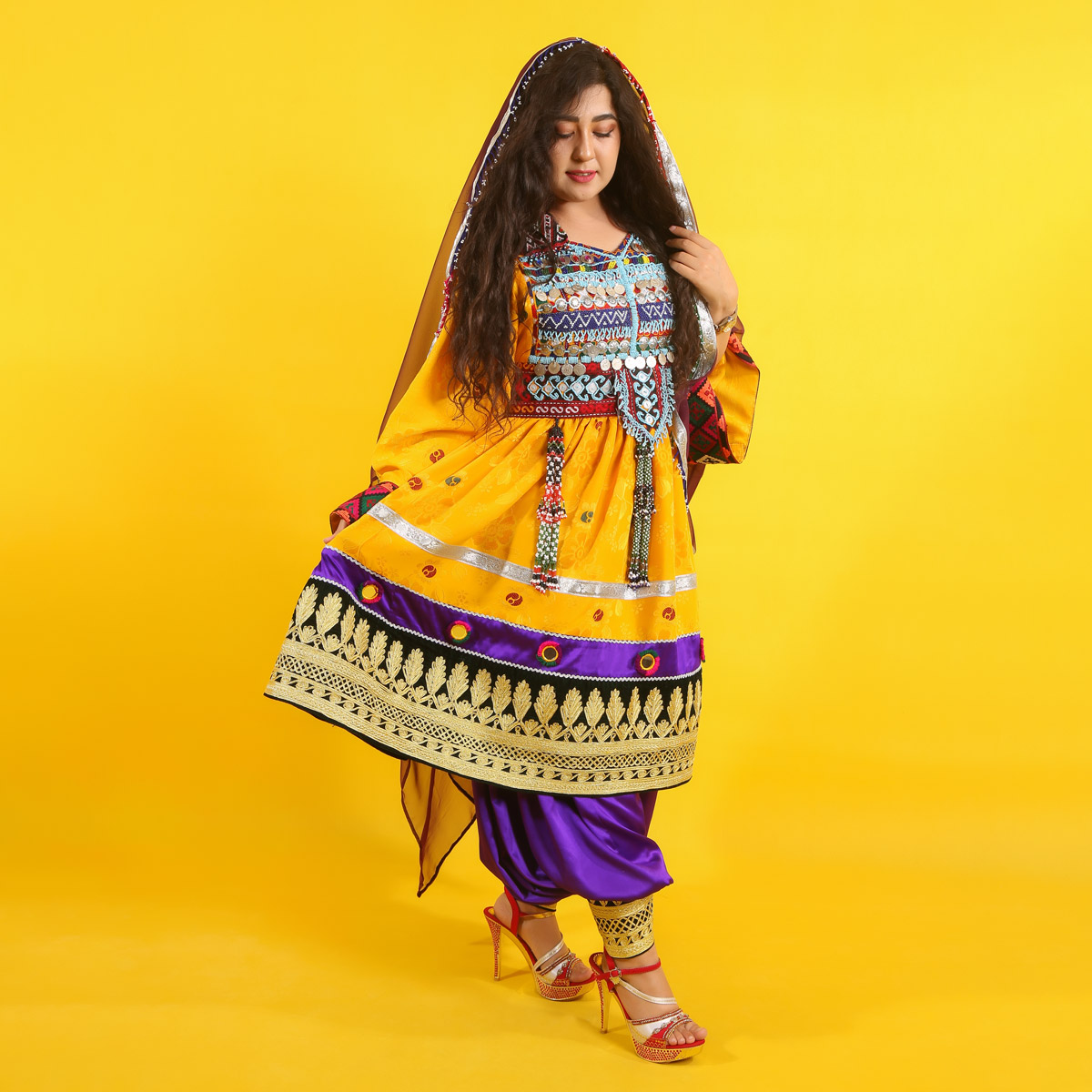 3-Piece Yellow Balochi Embroidered Gande Afghani Dress