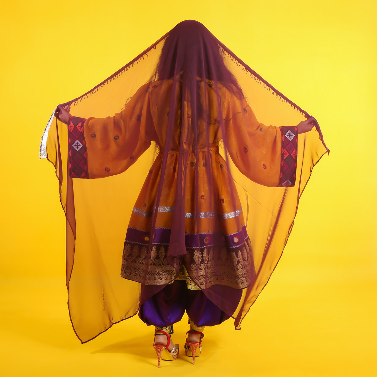 3-Piece Yellow Balochi Embroidered Gande Afghani Dress