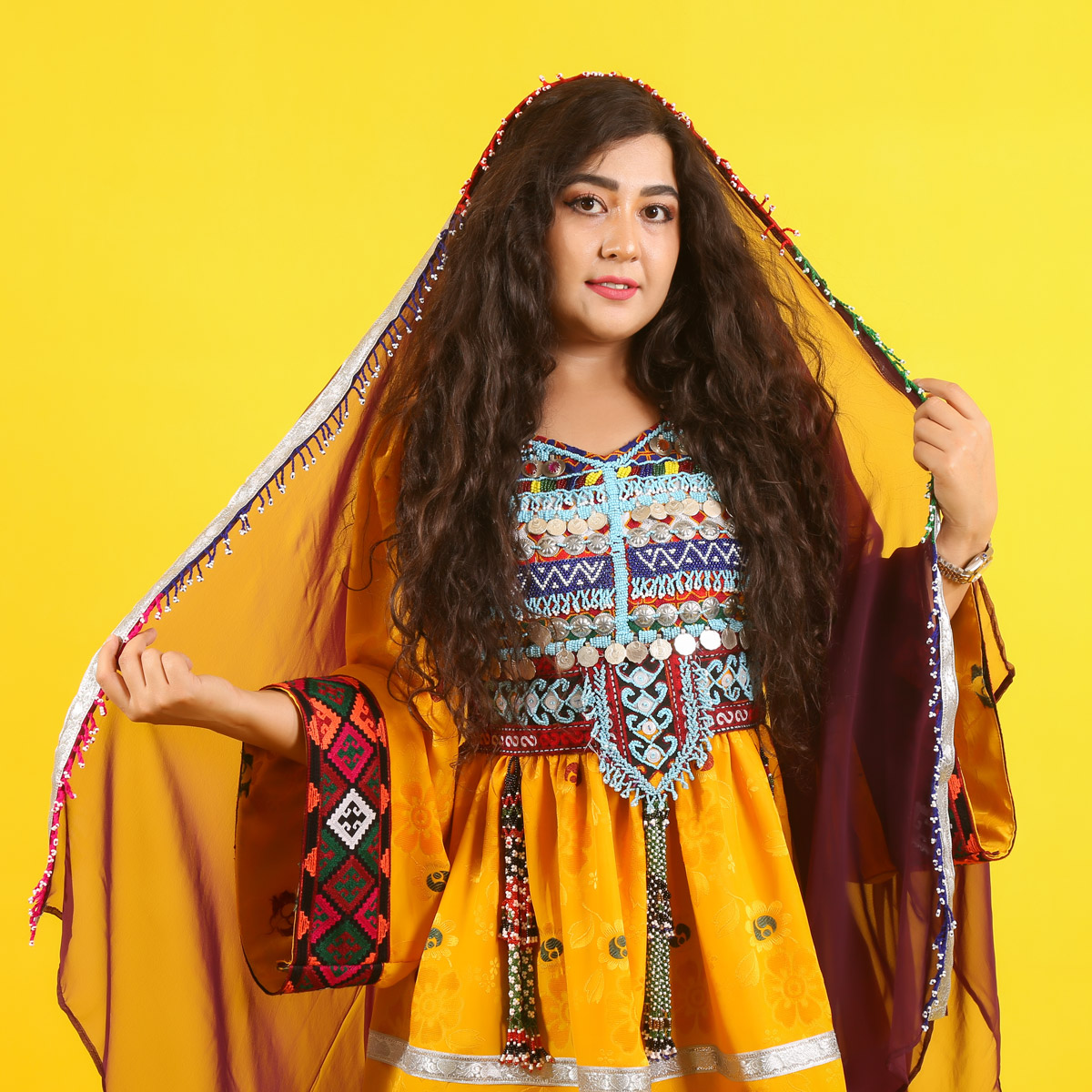 3-Piece Yellow Balochi Embroidered Gande Afghani Dress