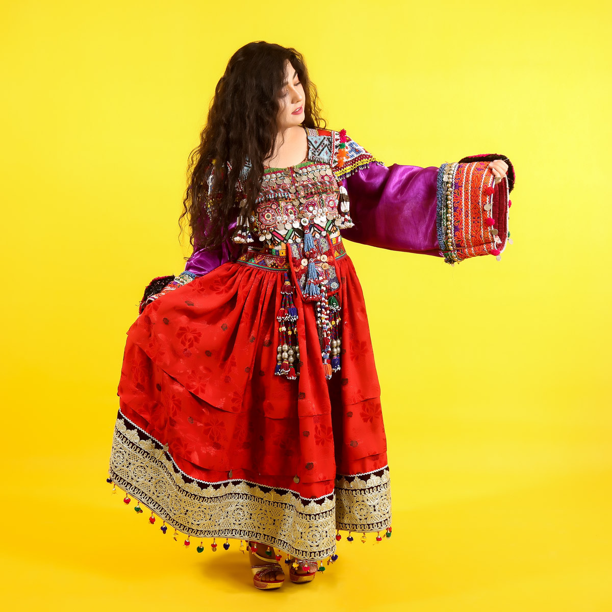 Red Velvet Balochi Embroidered Gand Afghani Dress
