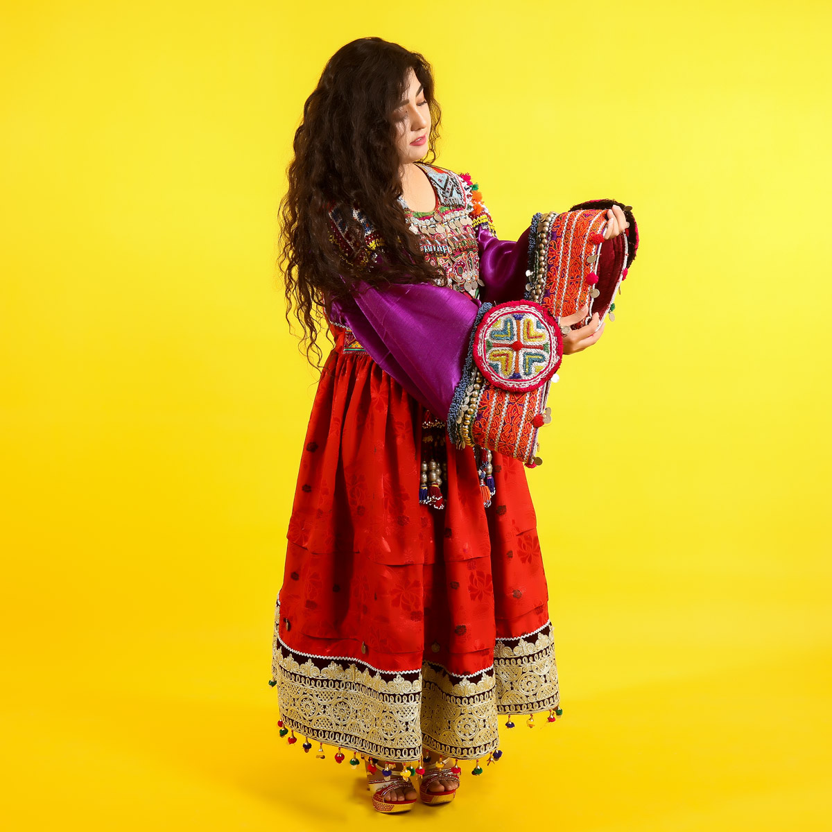 Red Velvet Balochi Embroidered Gand Afghani Dress