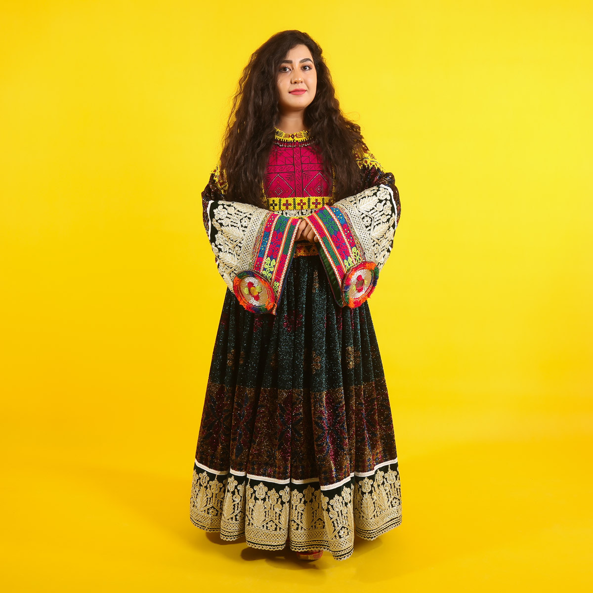 Black Zari Gande Afghani | Balloon Sleeves Pleated Afghan Dress