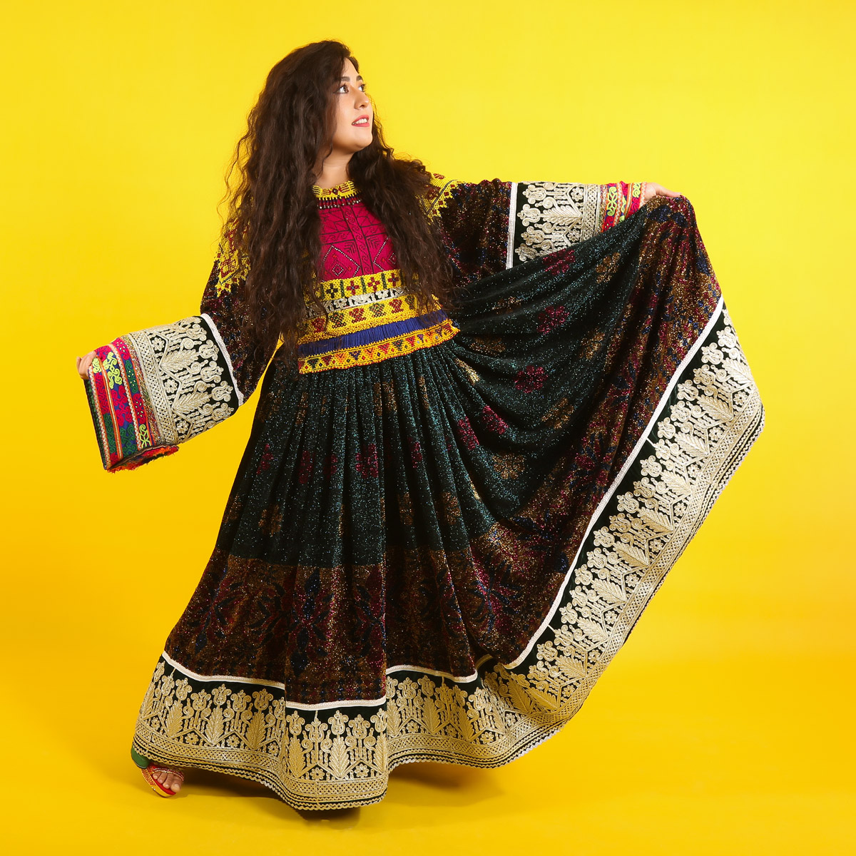 Black Zari Gande Afghani | Balloon Sleeves Pleated Afghan Dress