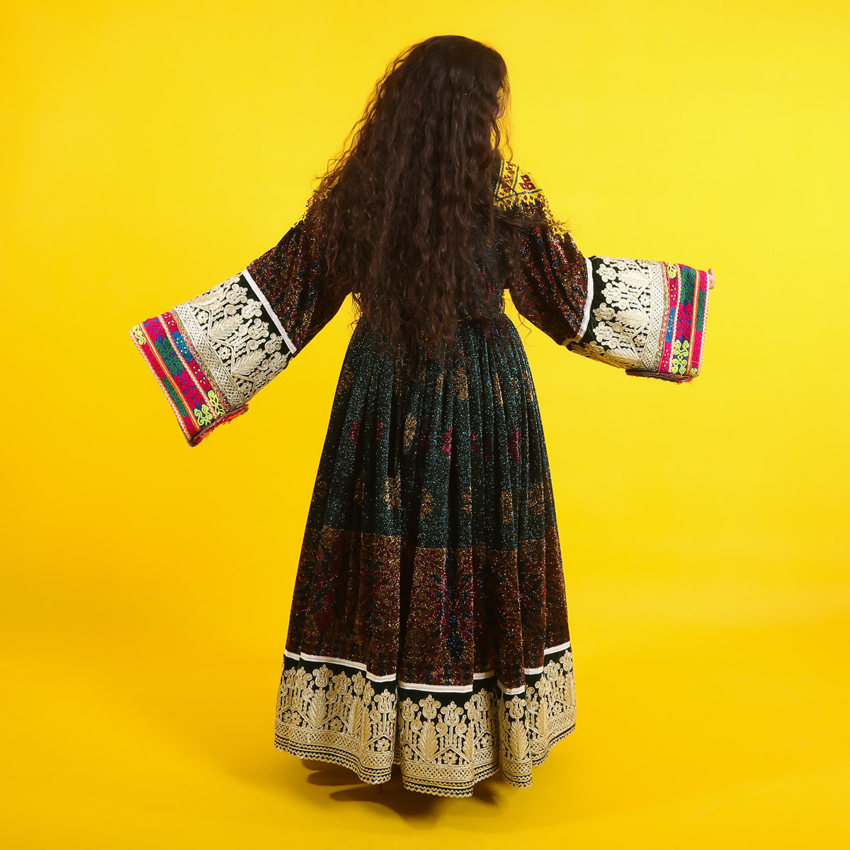 Black Zari Gande Afghani | Balloon Sleeves Pleated Afghan Dress