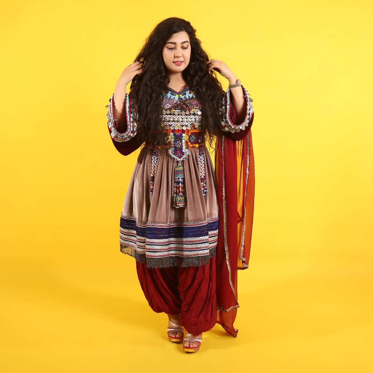 Balochi Embroidered Short Velvet Dress | Balloon Sleeves Afghan Dress