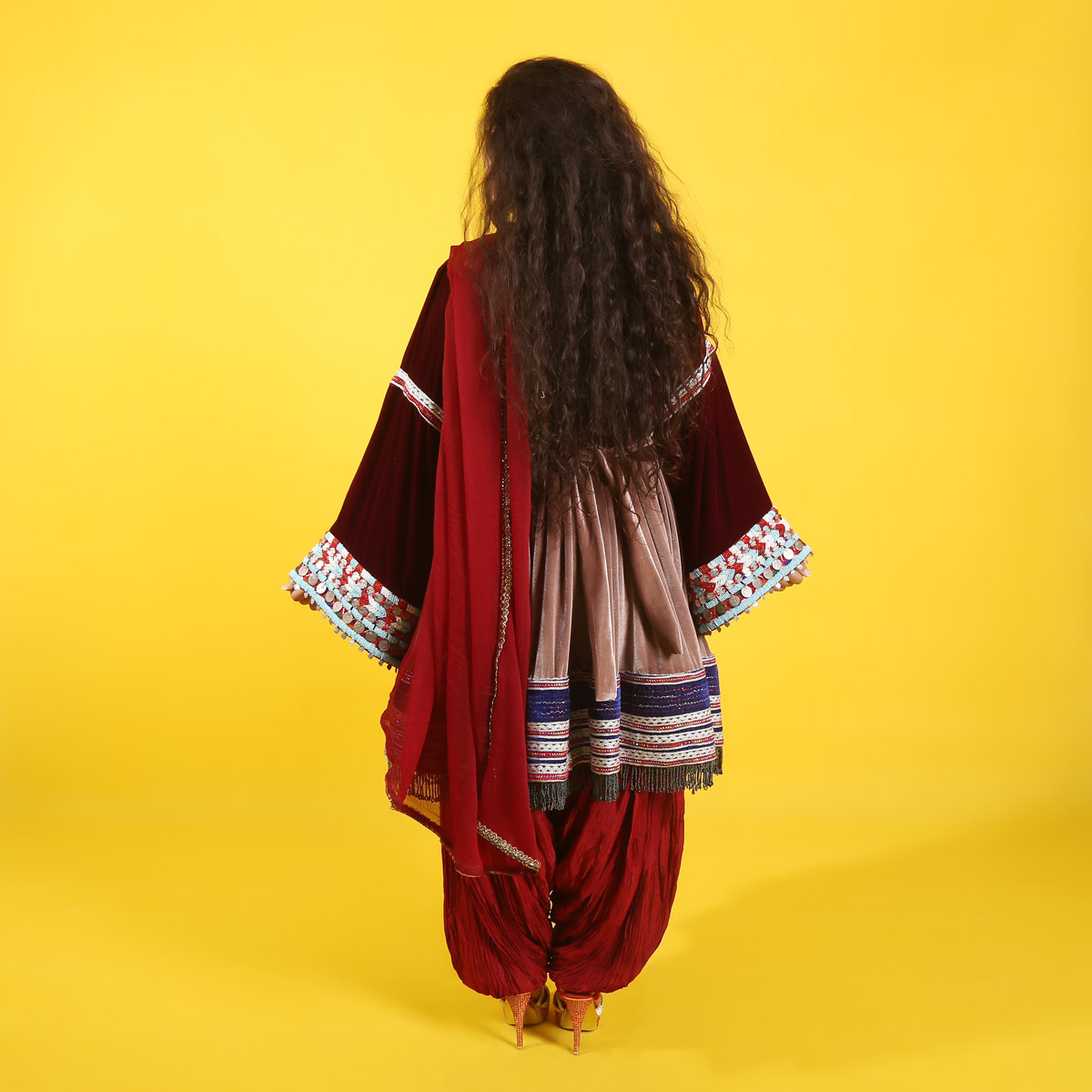 Balochi Embroidered Short Velvet Dress | Balloon Sleeves Afghan Dress