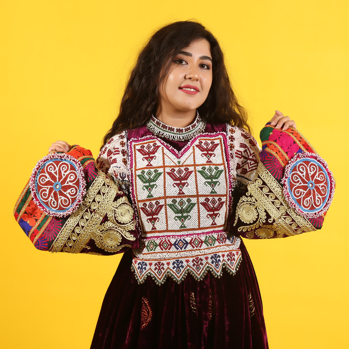 Maroon Velvet Pleated Gand Afghani Dress | Bead Embroidered Dress