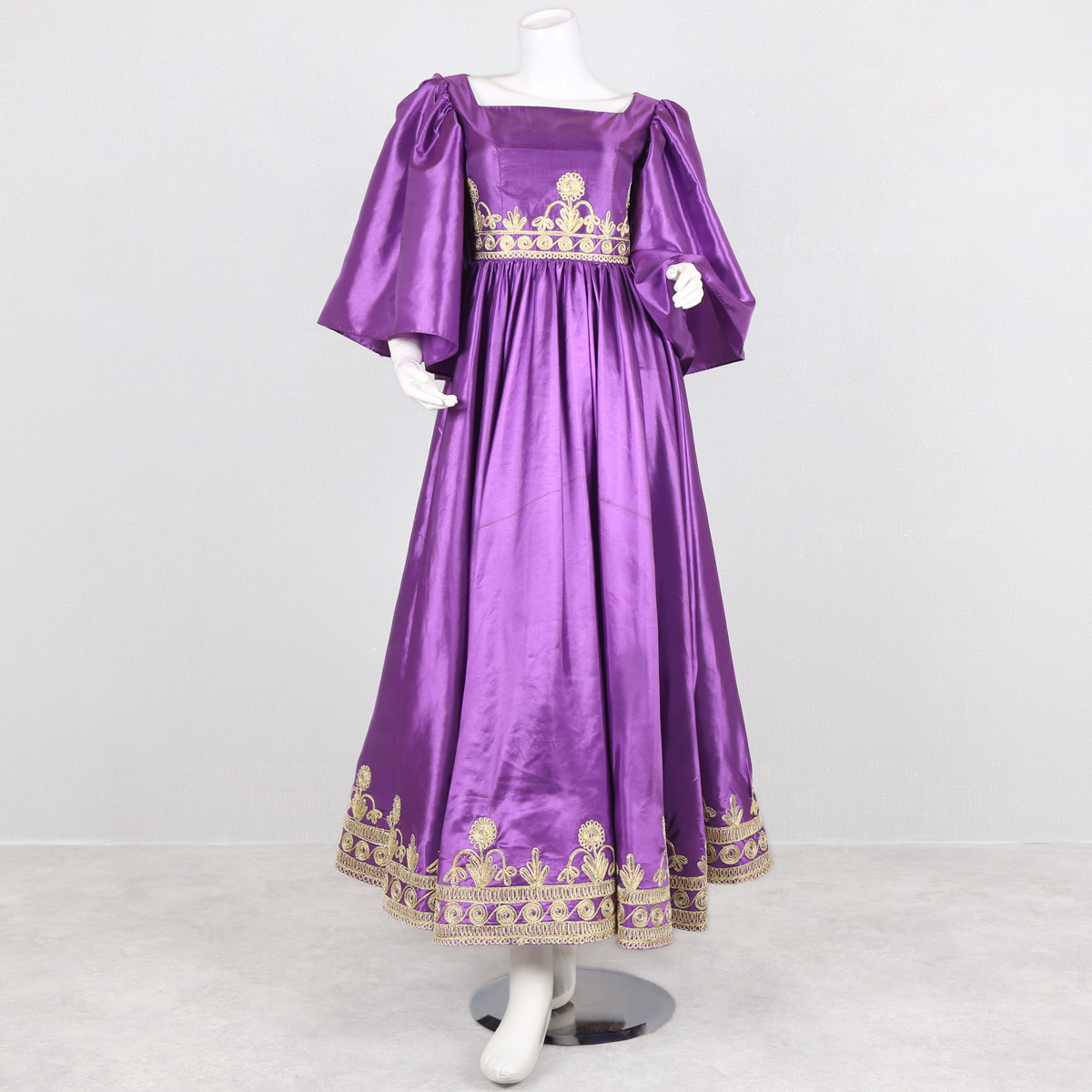 Purple Pleated Satin Dress | Hand-Embroidered Gown with Flare Sleeves