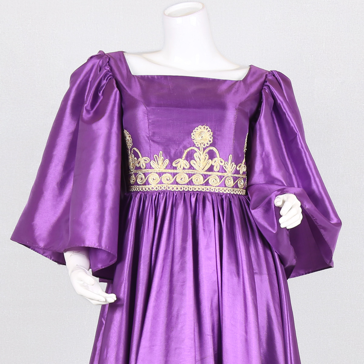 Purple Pleated Satin Dress | Hand-Embroidered Gown with Flare Sleeves