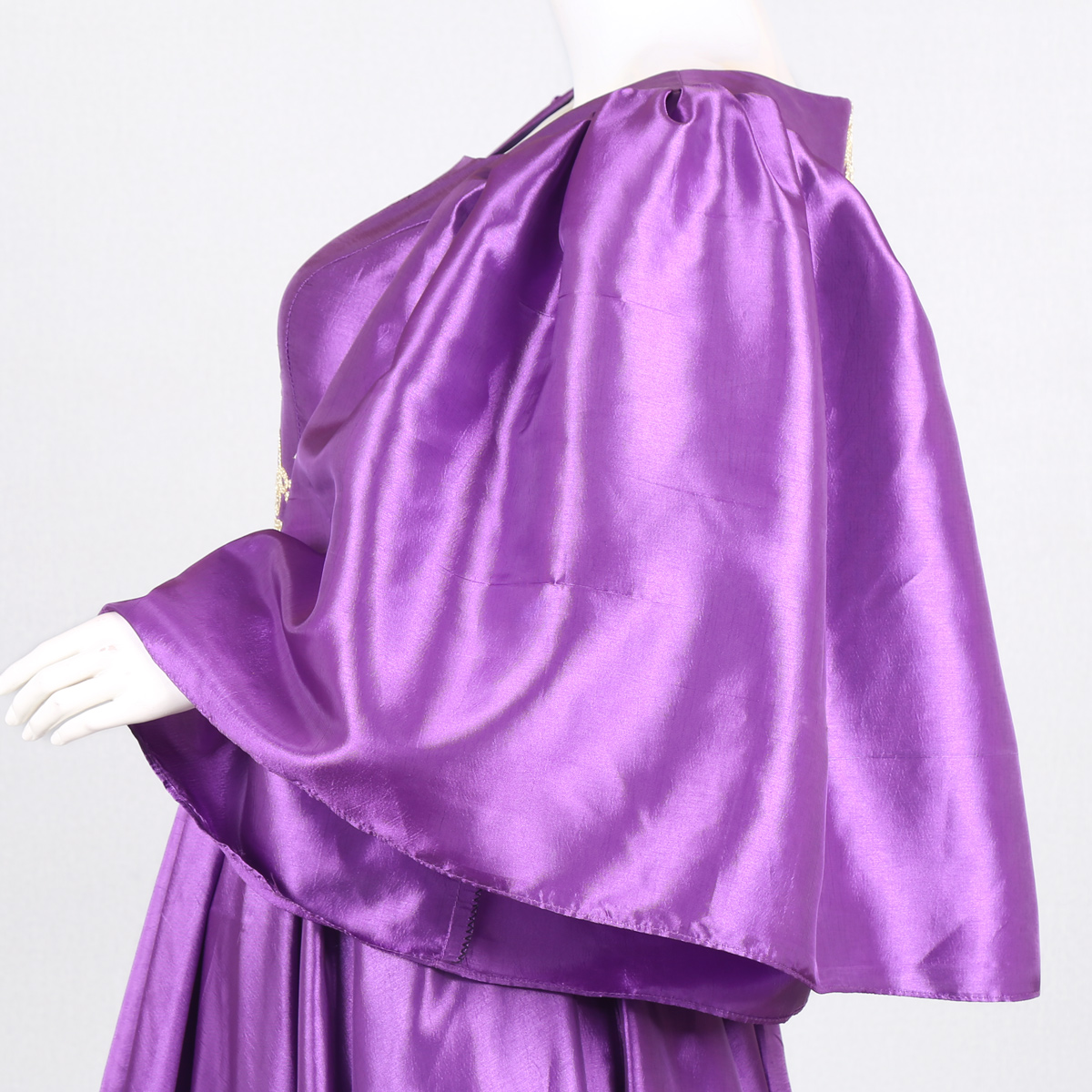 Purple Pleated Satin Dress | Hand-Embroidered Gown with Flare Sleeves