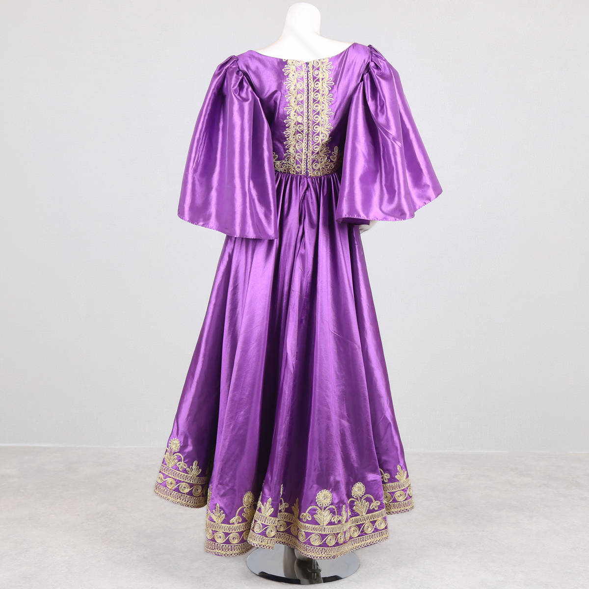 Purple Pleated Satin Dress | Hand-Embroidered Gown with Flare Sleeves