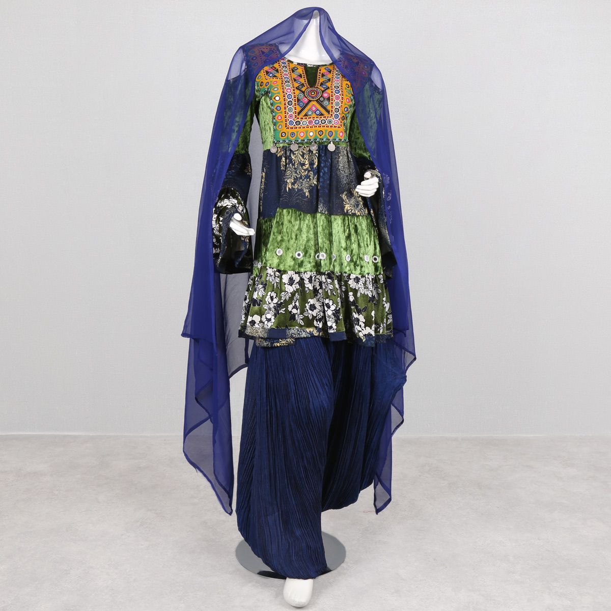 3-Piece Blue & Green Floral Print Afghan Dress | Mirror Embroidered Traditional Dress