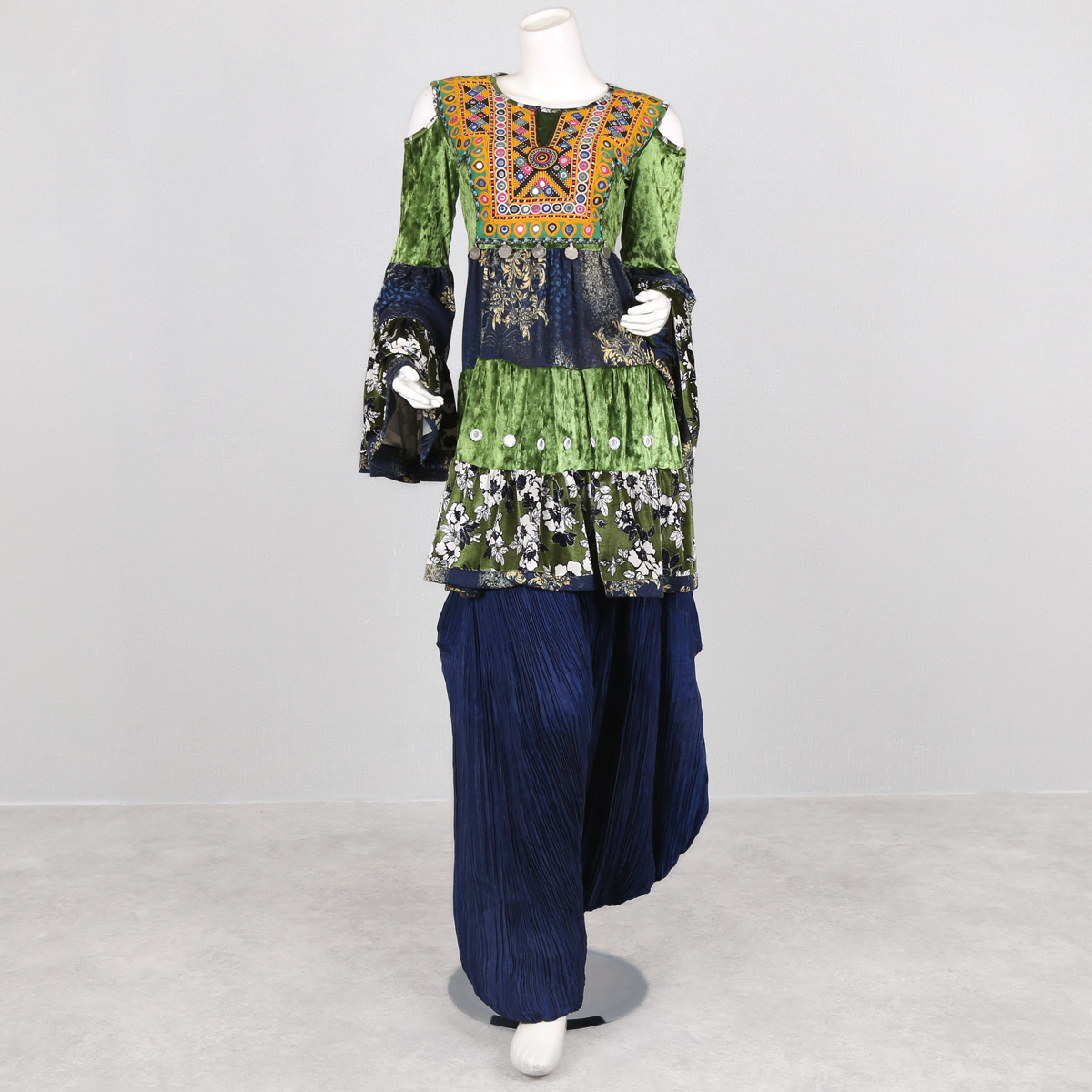 3-Piece Blue & Green Floral Print Afghan Dress | Mirror Embroidered Traditional Dress